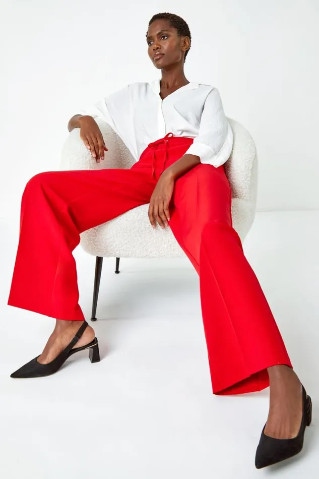 Red Wide Leg Tie Front Stretch Trouser Women Roman Trousers