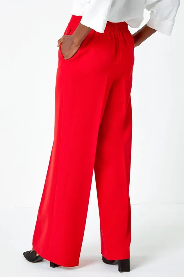 Red Wide Leg Tie Front Stretch Trouser Women Roman Trousers