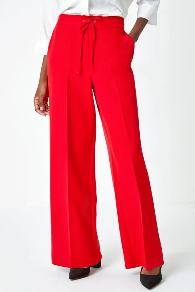 Red Wide Leg Tie Front Stretch Trouser Women Roman Trousers