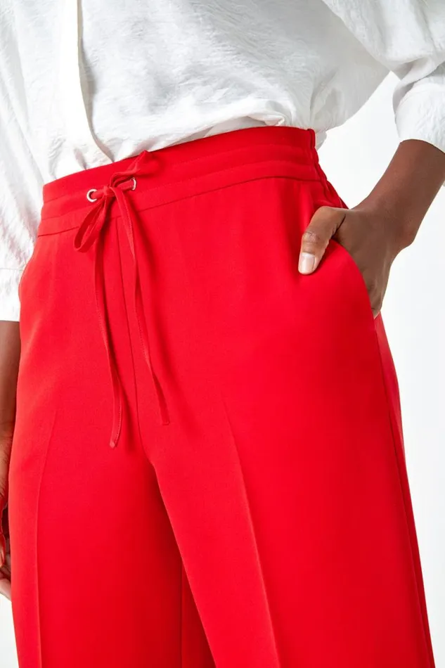 Red Wide Leg Tie Front Stretch Trouser Women Roman Trousers