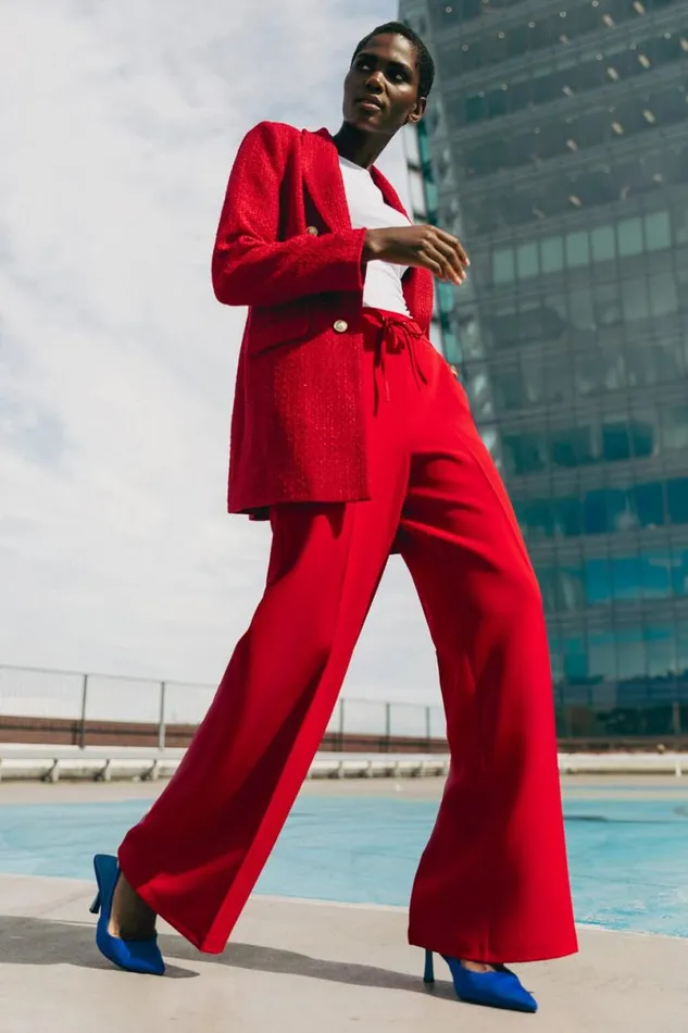 Red Wide Leg Tie Front Stretch Trouser Women Roman Trousers