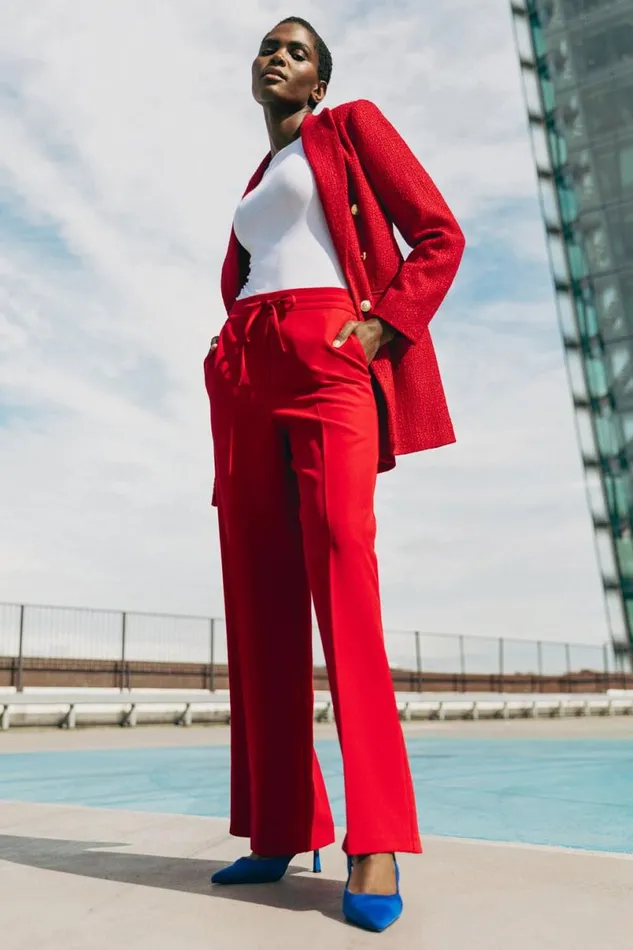 Red Wide Leg Tie Front Stretch Trouser Women Roman Trousers