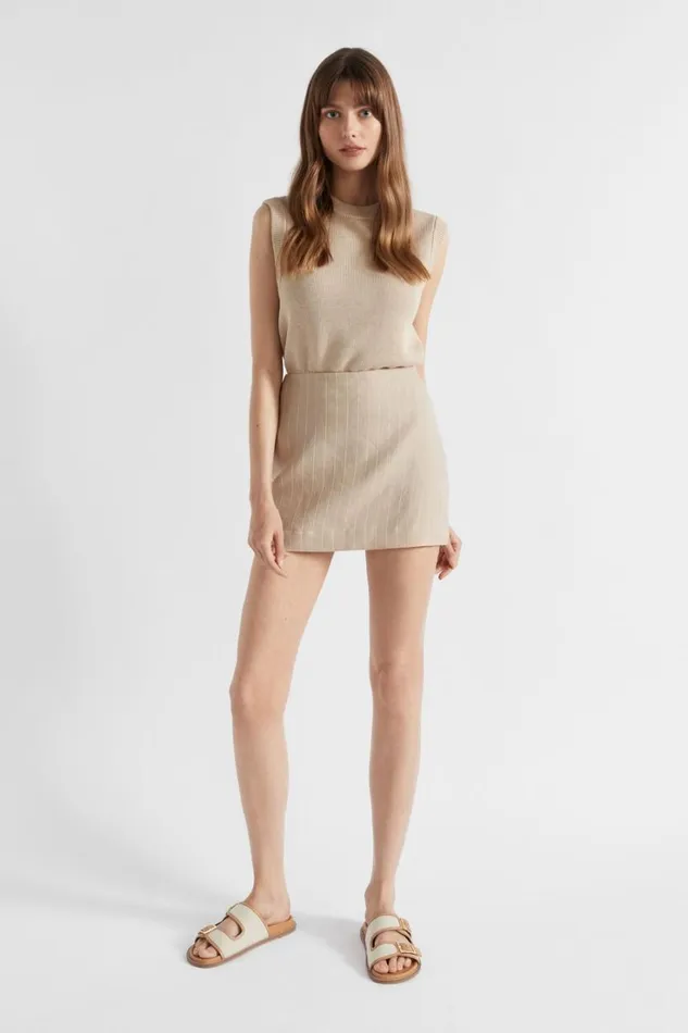 Resort Woman Seed Heritage Linen Pinstripe Mini Skirt Cool Sand Pinstripe