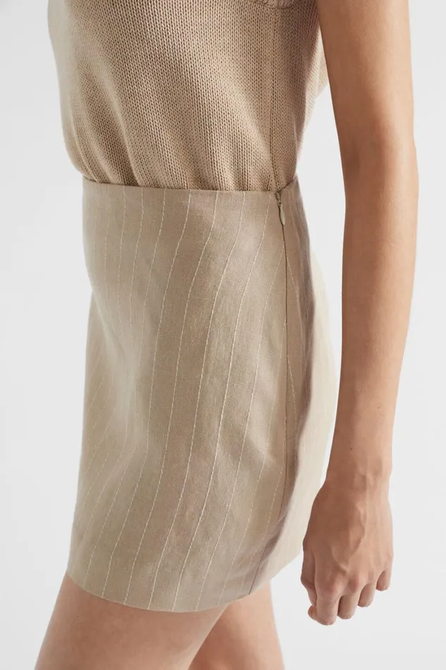 Resort Woman Seed Heritage Linen Pinstripe Mini Skirt Cool Sand Pinstripe