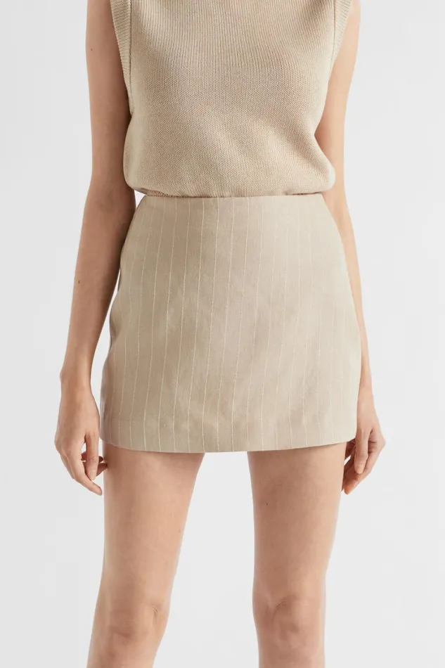 Resort Woman Seed Heritage Linen Pinstripe Mini Skirt Cool Sand Pinstripe
