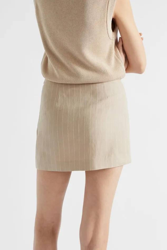 Resort Woman Seed Heritage Linen Pinstripe Mini Skirt Cool Sand Pinstripe