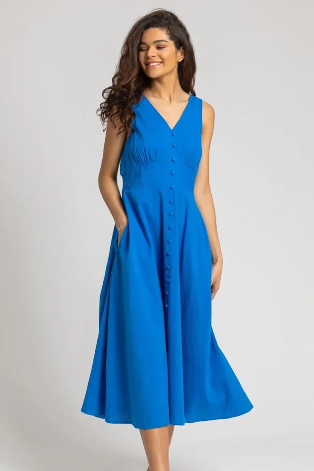 Royal Blue Button Detail Cotton Midi Dress Women Roman Dresses