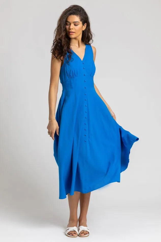 Royal Blue Button Detail Cotton Midi Dress Women Roman Dresses
