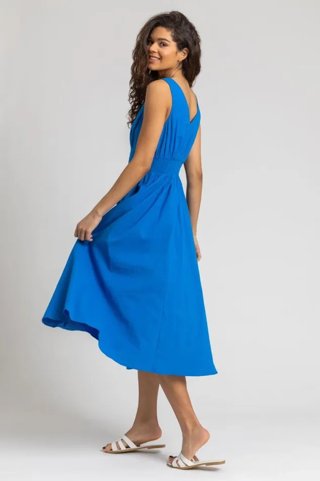 Royal Blue Button Detail Cotton Midi Dress Women Roman Dresses