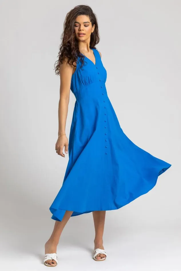 Royal Blue Button Detail Cotton Midi Dress Women Roman Dresses