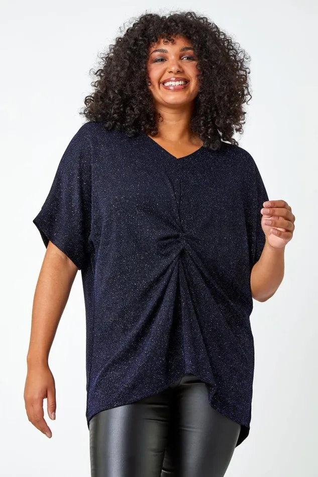 Royal Blue Curve Twist Front Glitter Stretch Tunic Top Women Roman Tops