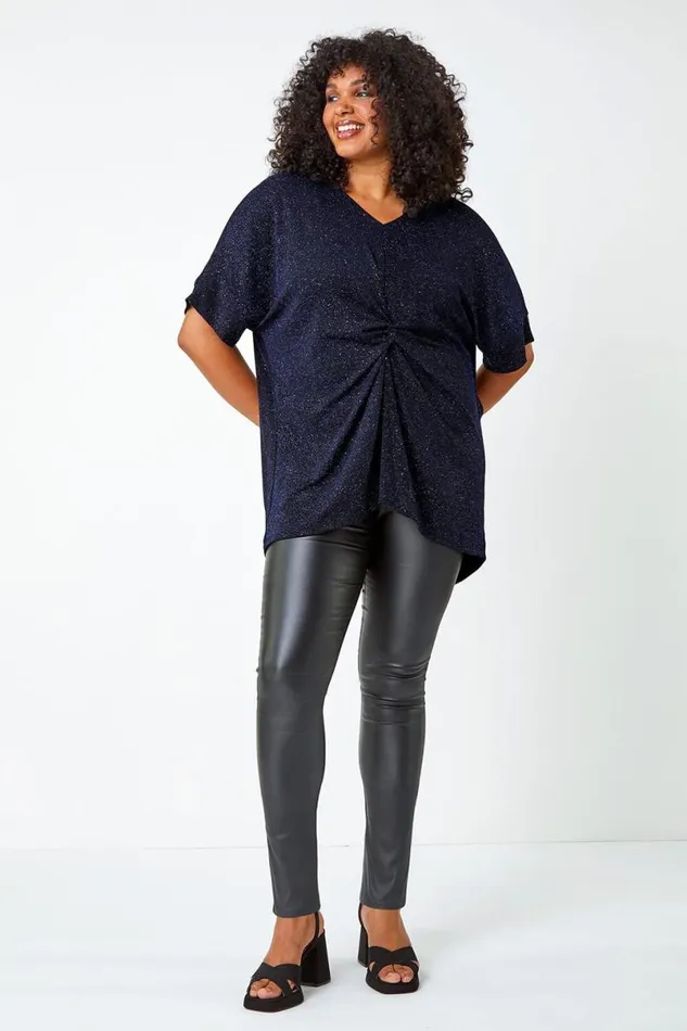 Royal Blue Curve Twist Front Glitter Stretch Tunic Top Women Roman Tops