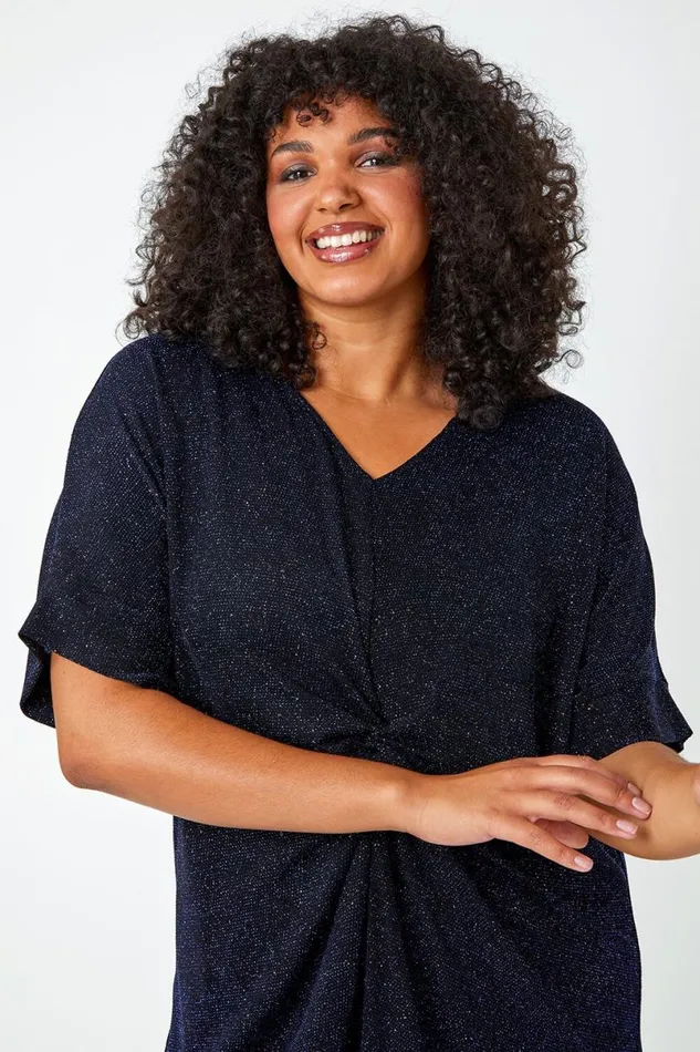 Royal Blue Curve Twist Front Glitter Stretch Tunic Top Women Roman Tops