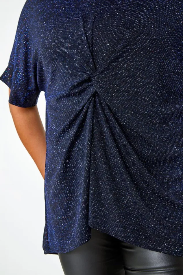 Royal Blue Curve Twist Front Glitter Stretch Tunic Top Women Roman Tops
