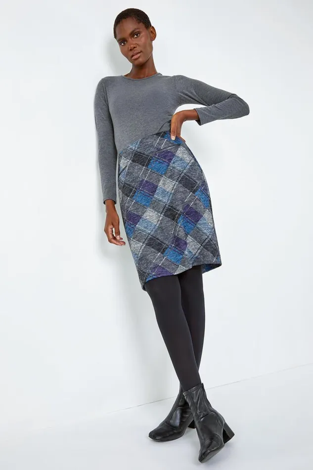 Royal Blue Elastic Waist Check Print Pocket A Line Skirt Women Roman Skirts