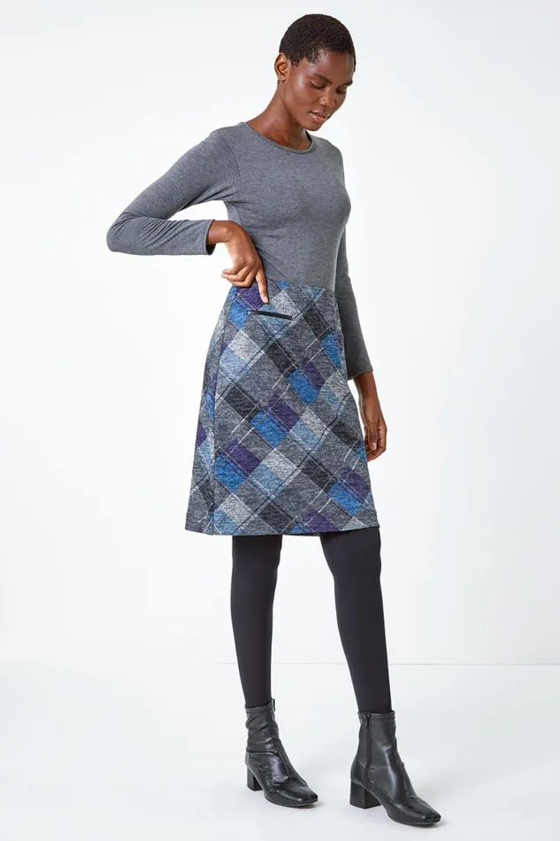 Royal Blue Elastic Waist Check Print Pocket A Line Skirt Women Roman Skirts