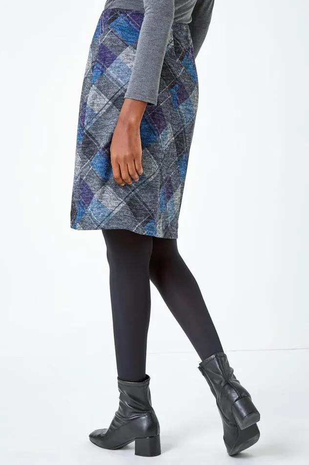 Royal Blue Elastic Waist Check Print Pocket A Line Skirt Women Roman Skirts