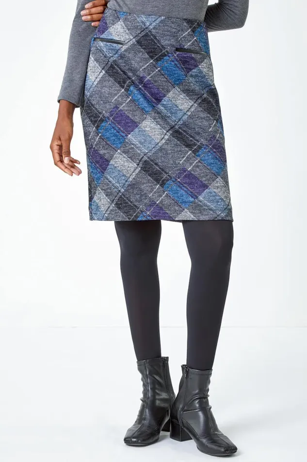 Royal Blue Elastic Waist Check Print Pocket A Line Skirt Women Roman Skirts