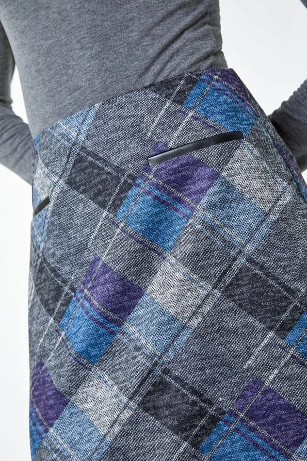 Royal Blue Elastic Waist Check Print Pocket A Line Skirt Women Roman Skirts