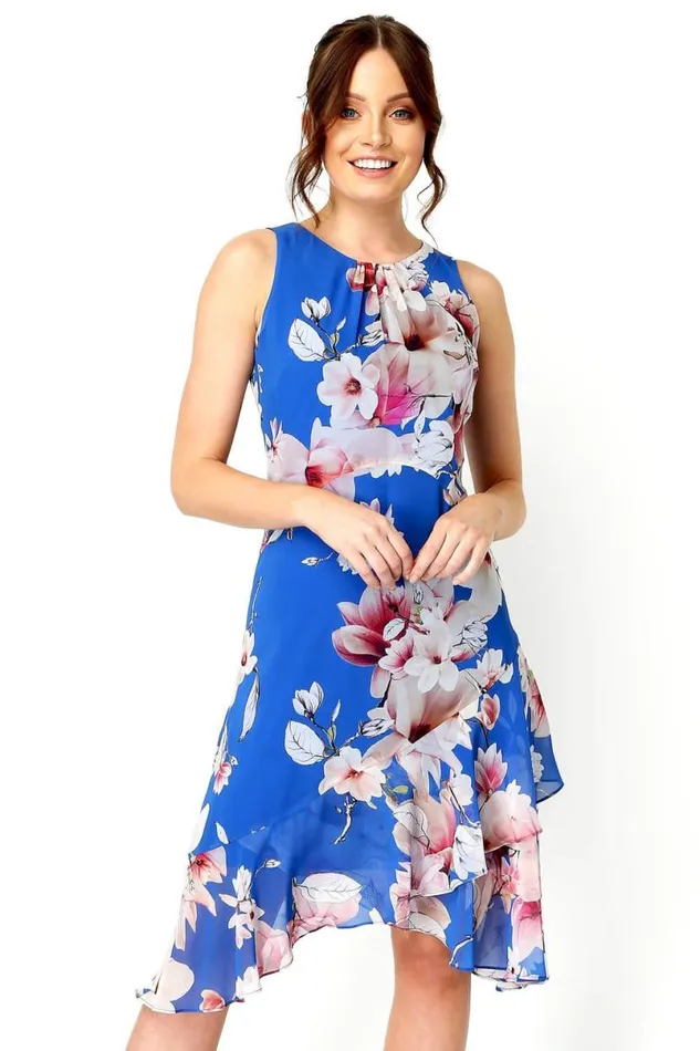 Royal Blue Floral Chiffon Hanky Hem Ruffle Dress Women Roman Dresses