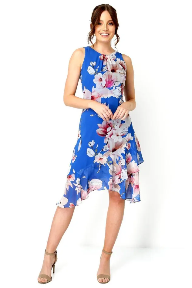 Royal Blue Floral Chiffon Hanky Hem Ruffle Dress Women Roman Dresses