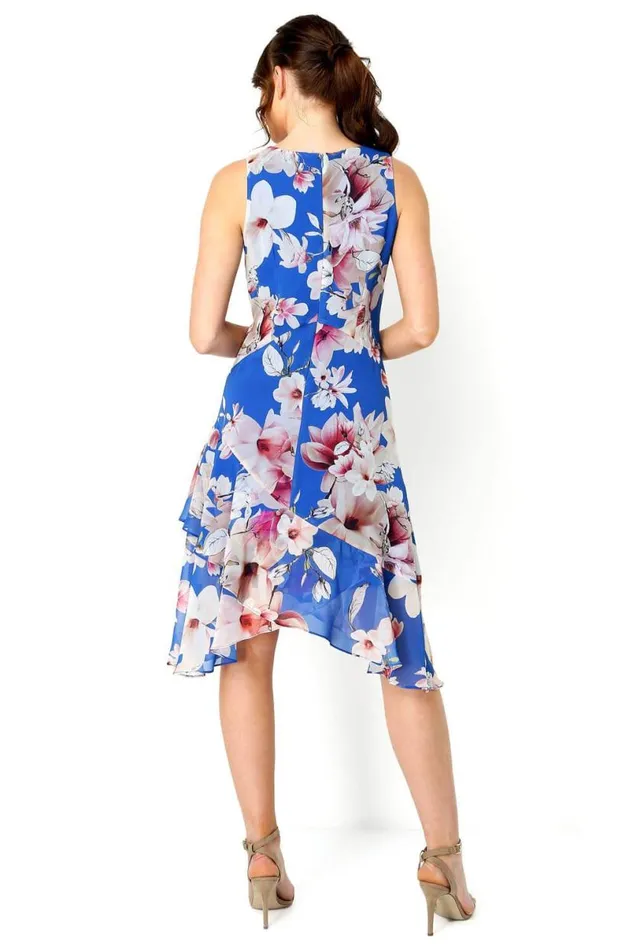 Royal Blue Floral Chiffon Hanky Hem Ruffle Dress Women Roman Dresses