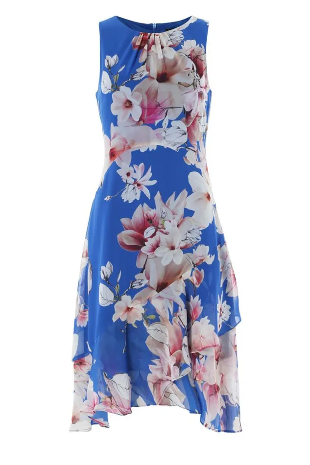 Royal Blue Floral Chiffon Hanky Hem Ruffle Dress Women Roman Dresses