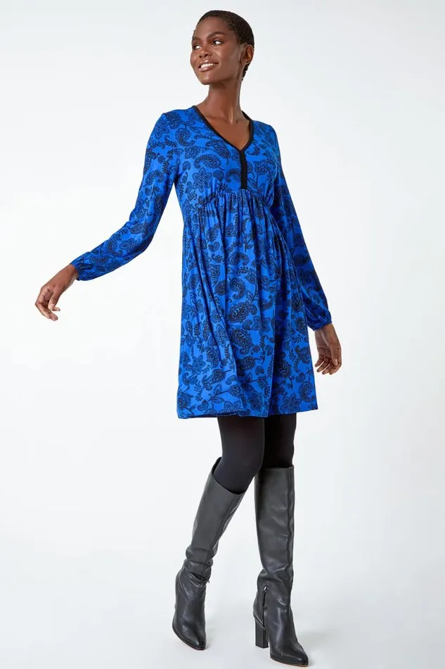 Royal Blue Floral Print Stretch Jersey Dress Women Roman Dresses