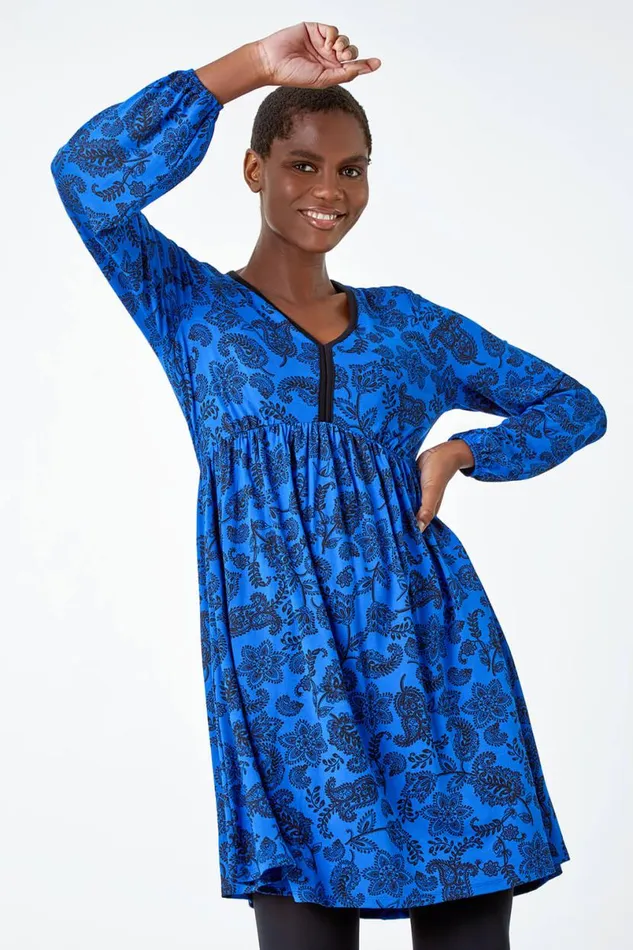 Royal Blue Floral Print Stretch Jersey Dress Women Roman Dresses