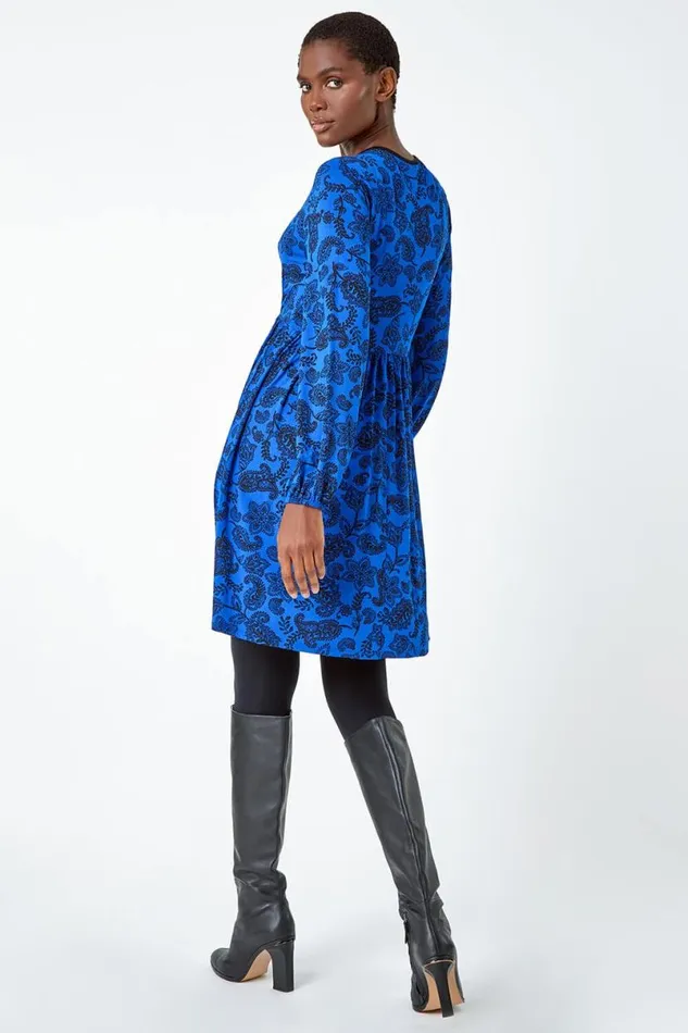 Royal Blue Floral Print Stretch Jersey Dress Women Roman Dresses