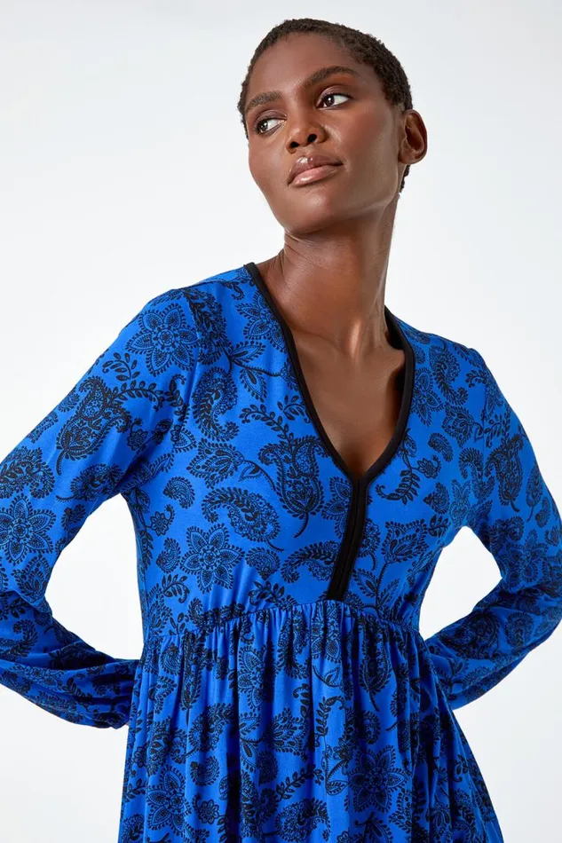 Royal Blue Floral Print Stretch Jersey Dress Women Roman Dresses