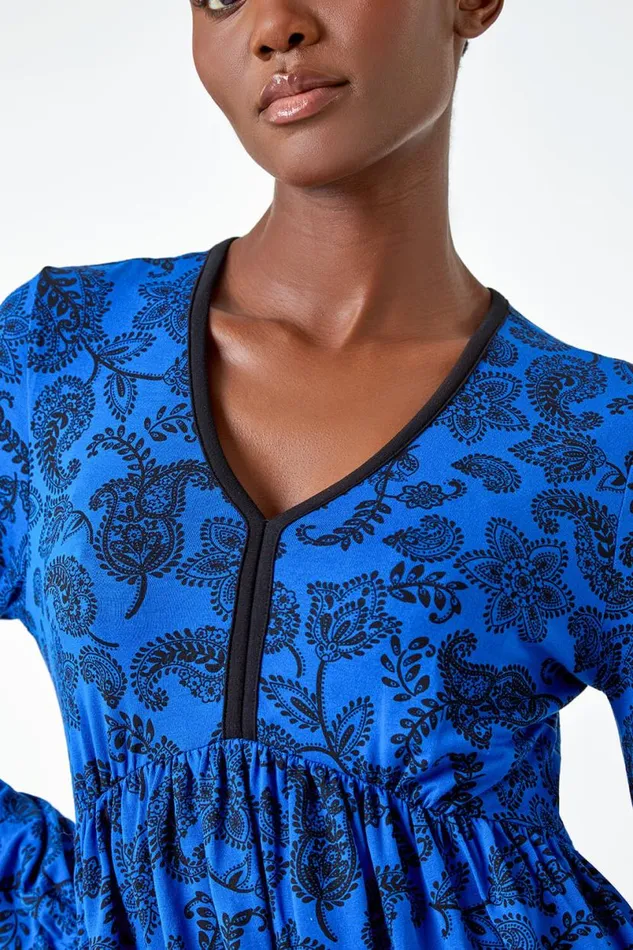 Royal Blue Floral Print Stretch Jersey Dress Women Roman Dresses