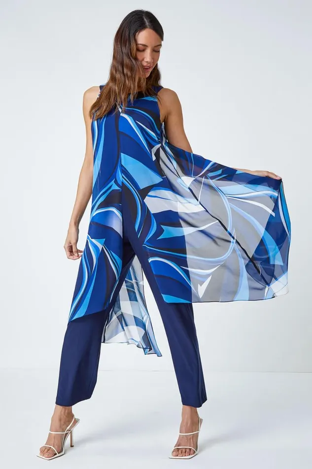 Royal Blue Full Length Printed Overlay Jumpsuit Women Roman Dresses