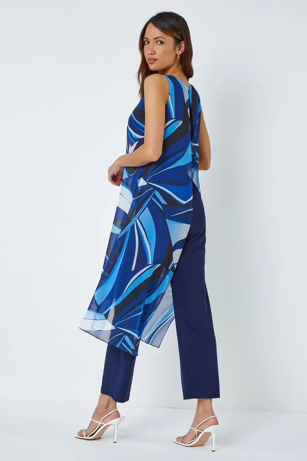 Royal Blue Full Length Printed Overlay Jumpsuit Women Roman Dresses