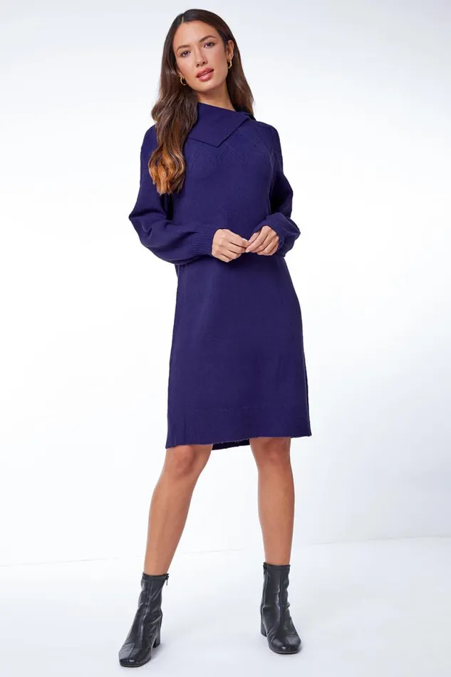 Royal Blue Longline Split Neck Jumper Dress Women Roman Dresses