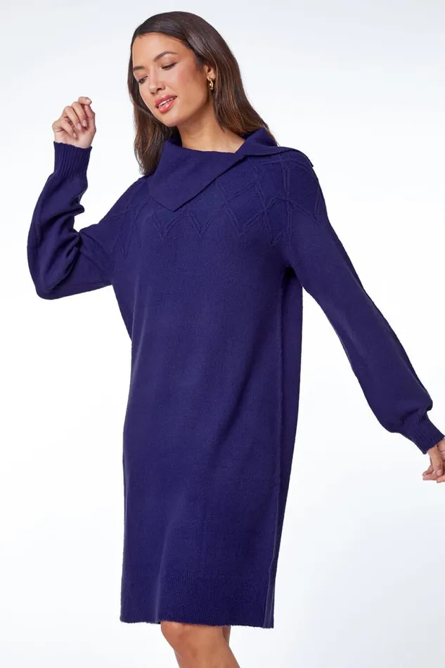 Royal Blue Longline Split Neck Jumper Dress Women Roman Dresses