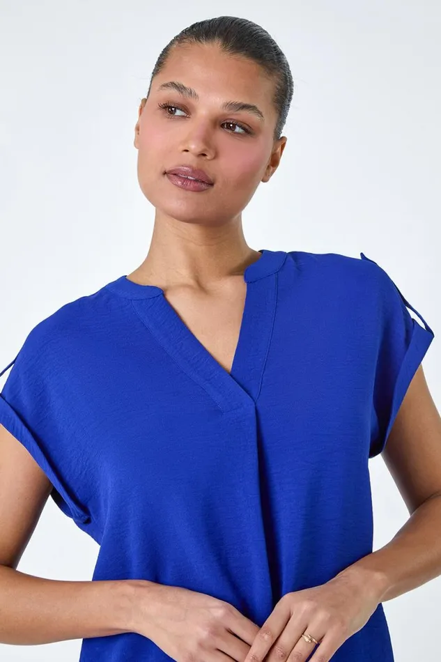 Royal Blue Plain Notch Neck Pleat Front Top Women Roman Tops