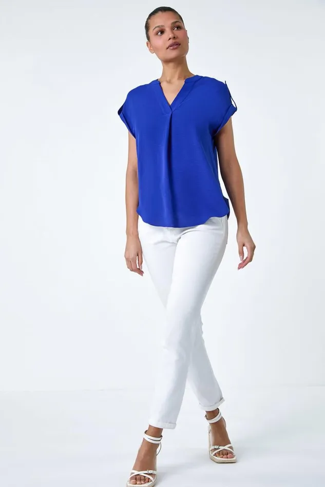 Royal Blue Plain Notch Neck Pleat Front Top Women Roman Tops