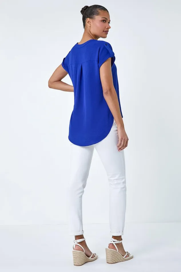 Royal Blue Plain Notch Neck Pleat Front Top Women Roman Tops