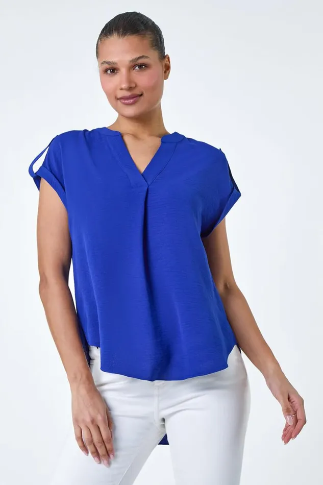 Royal Blue Plain Notch Neck Pleat Front Top Women Roman Tops