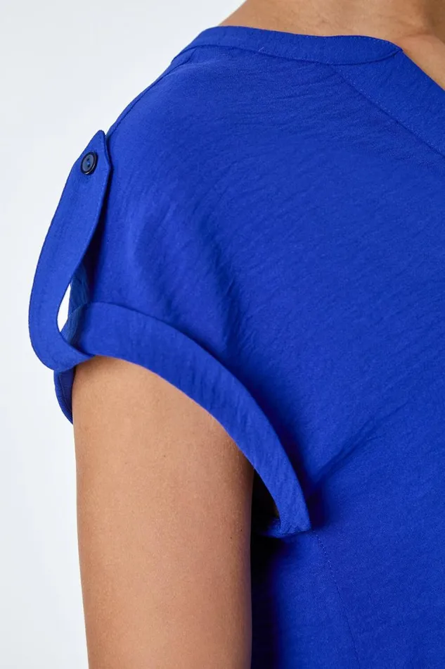 Royal Blue Plain Notch Neck Pleat Front Top Women Roman Tops