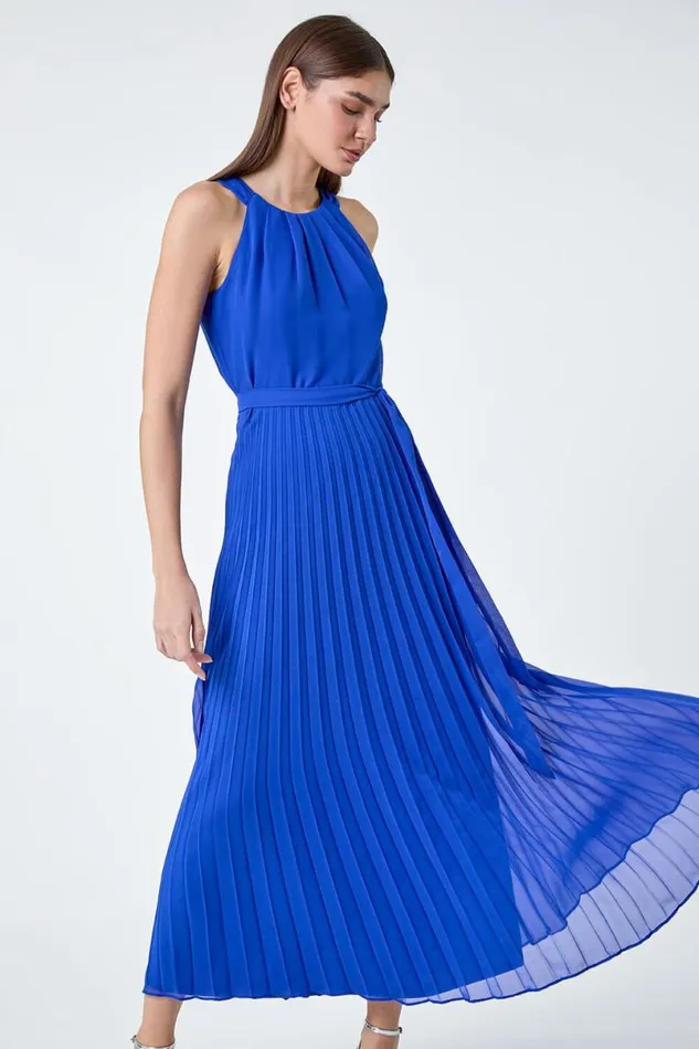 Royal Blue Pleated Halter Neck Maxi Dress Women Roman Dresses