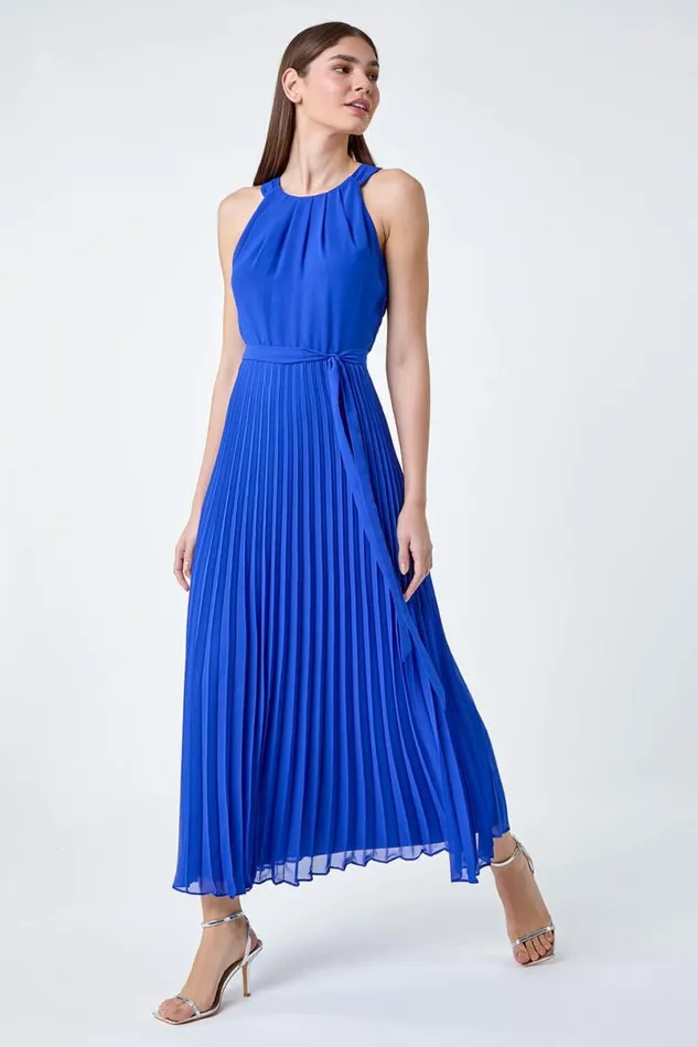 Royal Blue Pleated Halter Neck Maxi Dress Women Roman Dresses