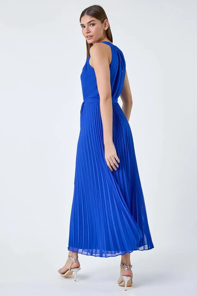 Royal Blue Pleated Halter Neck Maxi Dress Women Roman Dresses