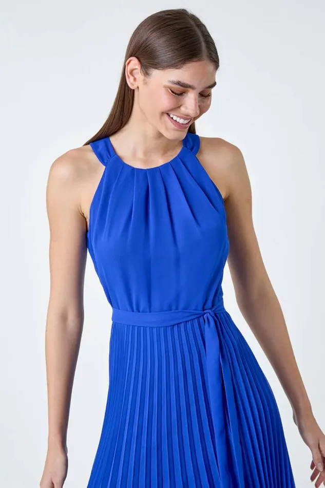 Royal Blue Pleated Halter Neck Maxi Dress Women Roman Dresses