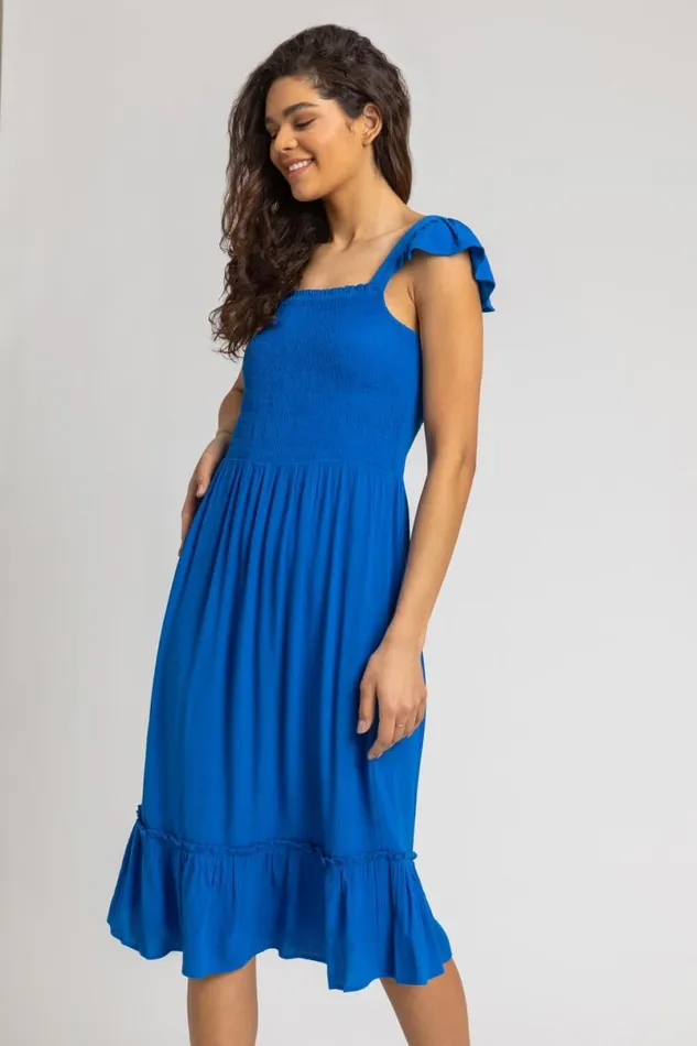 Royal Blue Shirred Bodice Frill Detail Midi Dress Women Roman Dresses