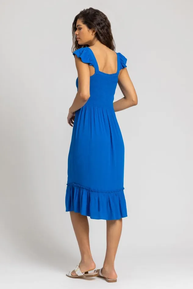 Royal Blue Shirred Bodice Frill Detail Midi Dress Women Roman Dresses