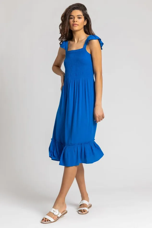 Royal Blue Shirred Bodice Frill Detail Midi Dress Women Roman Dresses