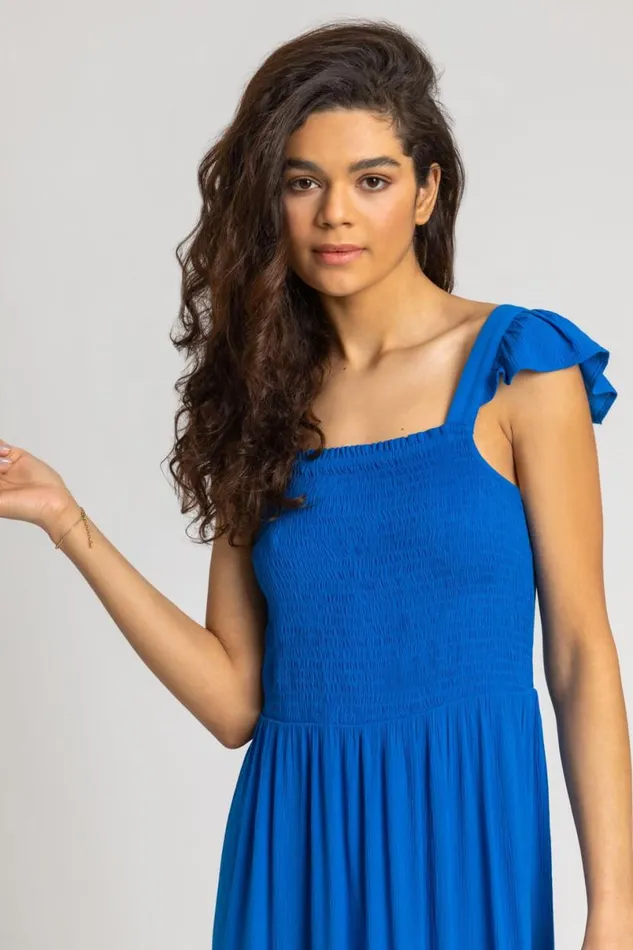 Royal Blue Shirred Bodice Frill Detail Midi Dress Women Roman Dresses