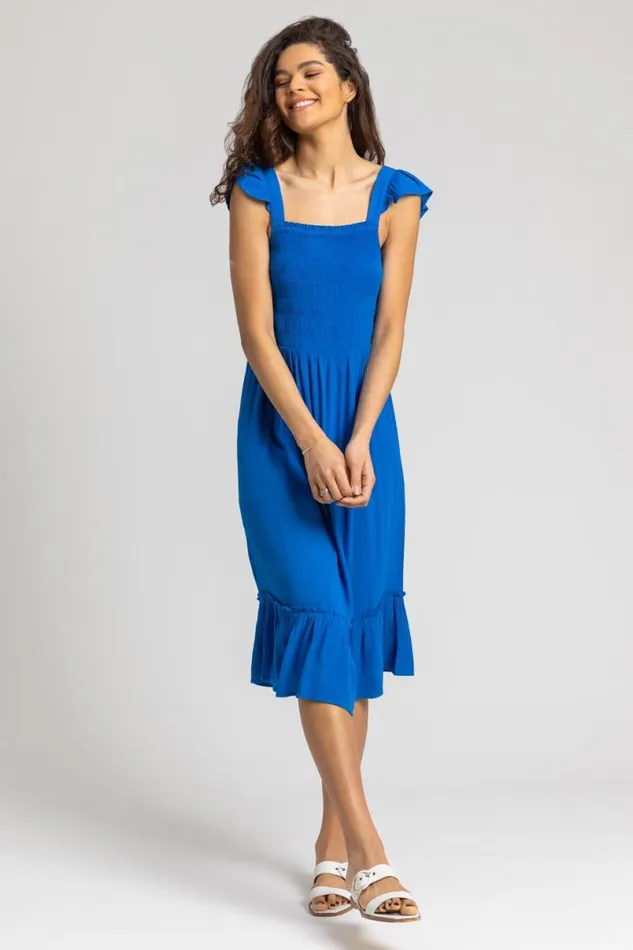 Royal Blue Shirred Bodice Frill Detail Midi Dress Women Roman Dresses